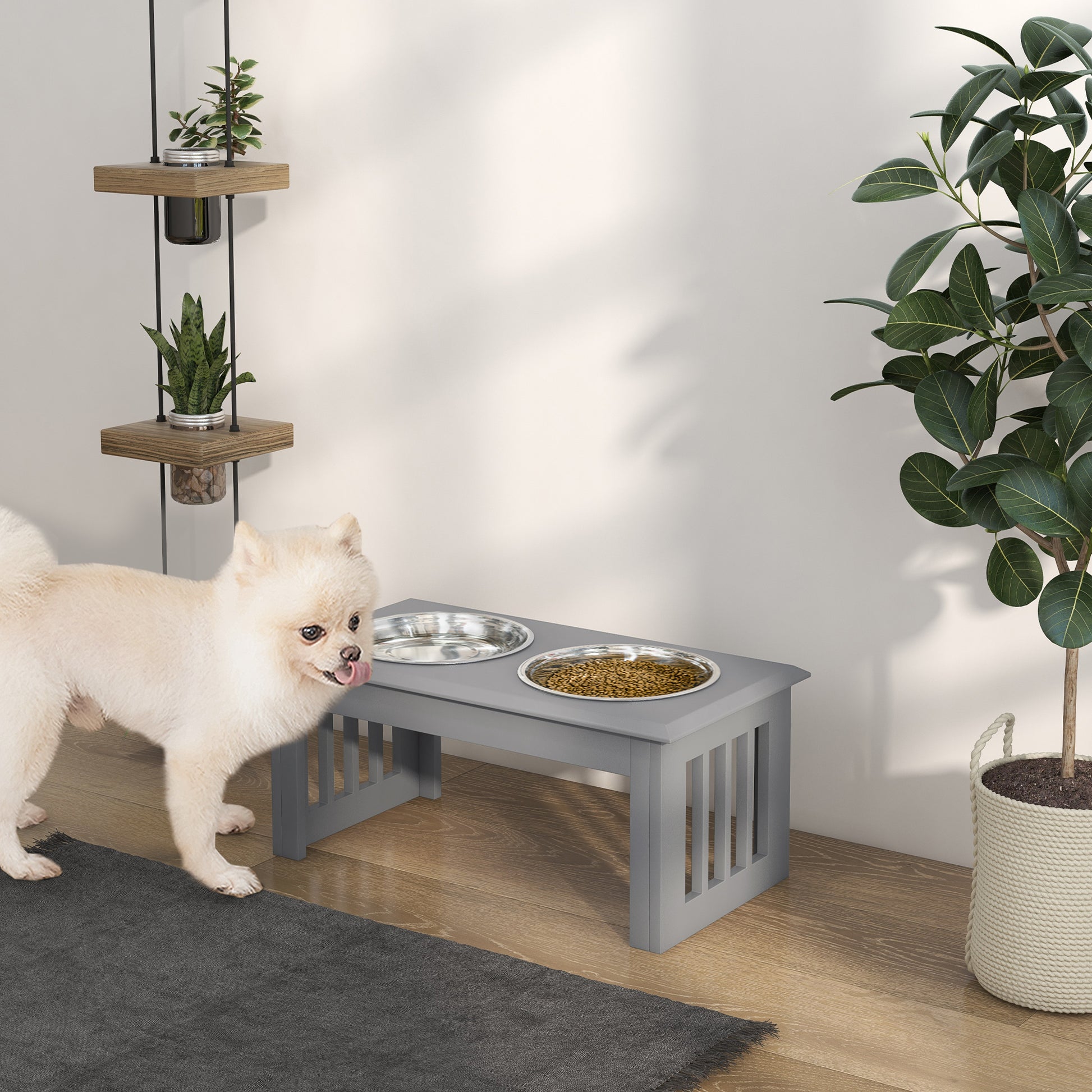 PawHut Elevated Grey Dog Feeding Station with Stainless Steel Bowls for Small and Medium Breeds - ALL4U RETAILER LTD