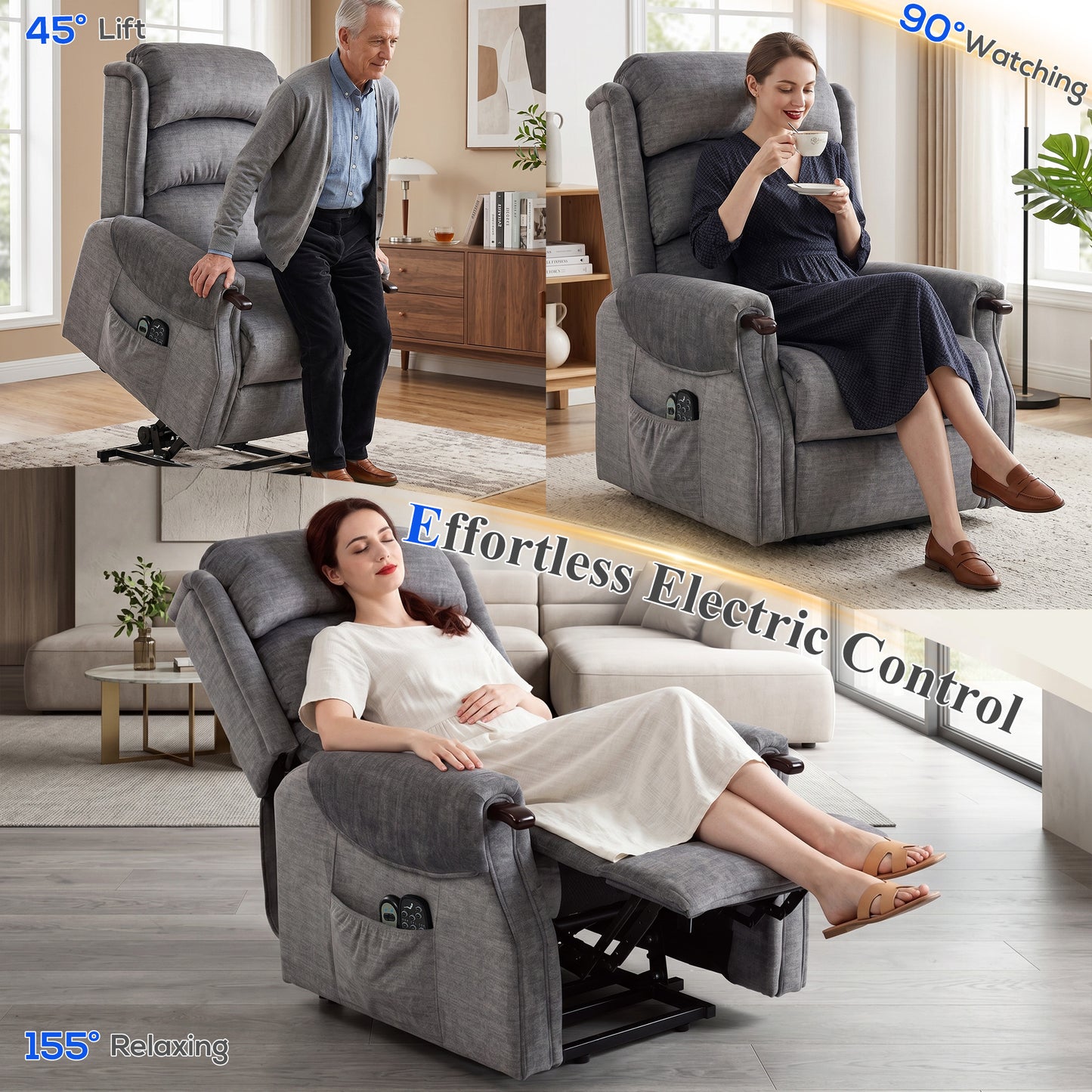 HOMCOM Power Lift Recliner With Vibration Massage And Heat For Tall Users Wood Grip Pocket Spring Light Grey