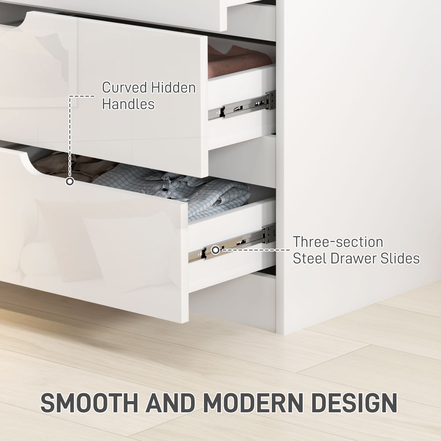 HOMCOM Four Drawer Chest With High Gloss Fronts White Modern Bedroom Storage Unit