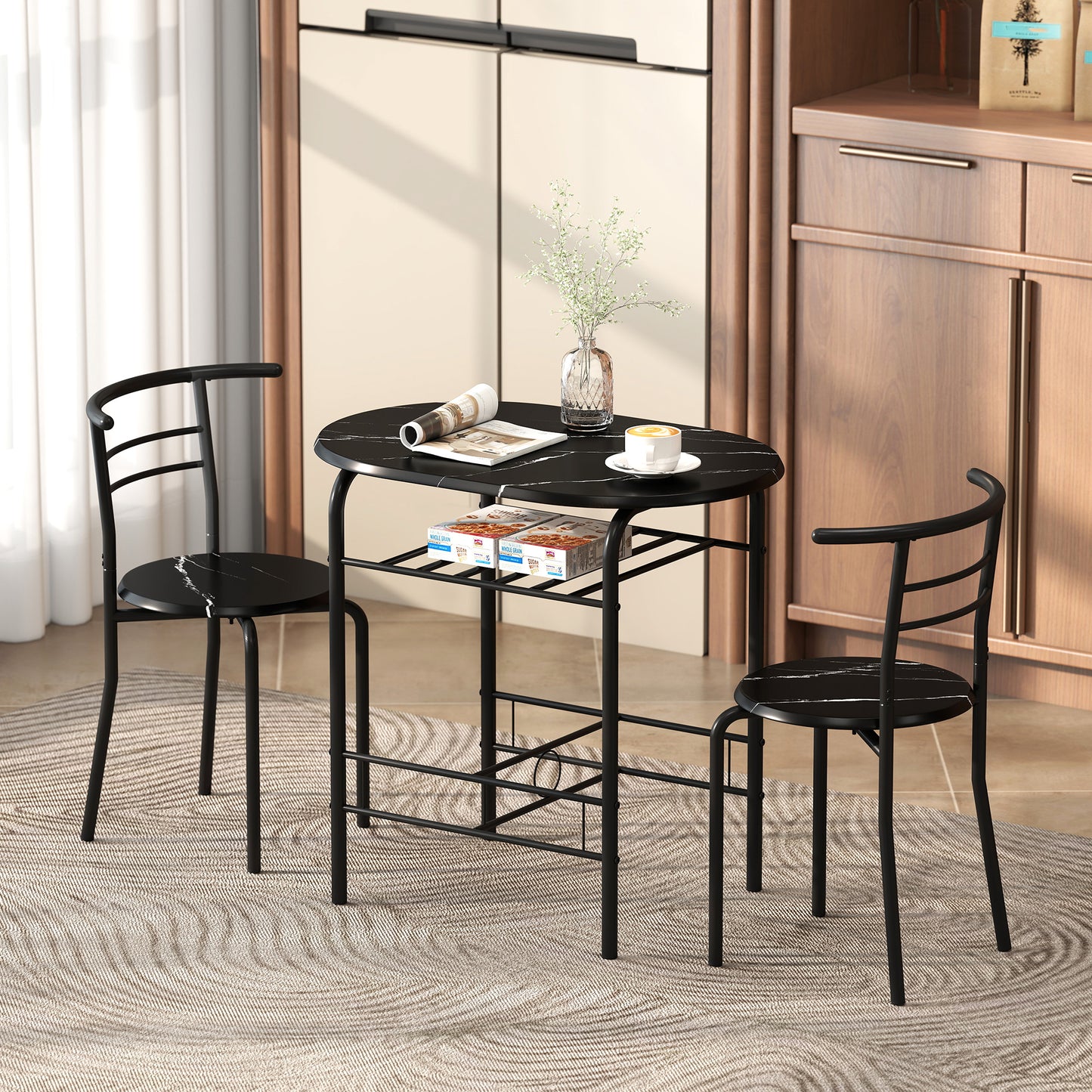 HOMCOM Three Piece Compact Dining Set With Marble Effect MDF Tabletops And Metal Frames Black With Under Table Shelf
