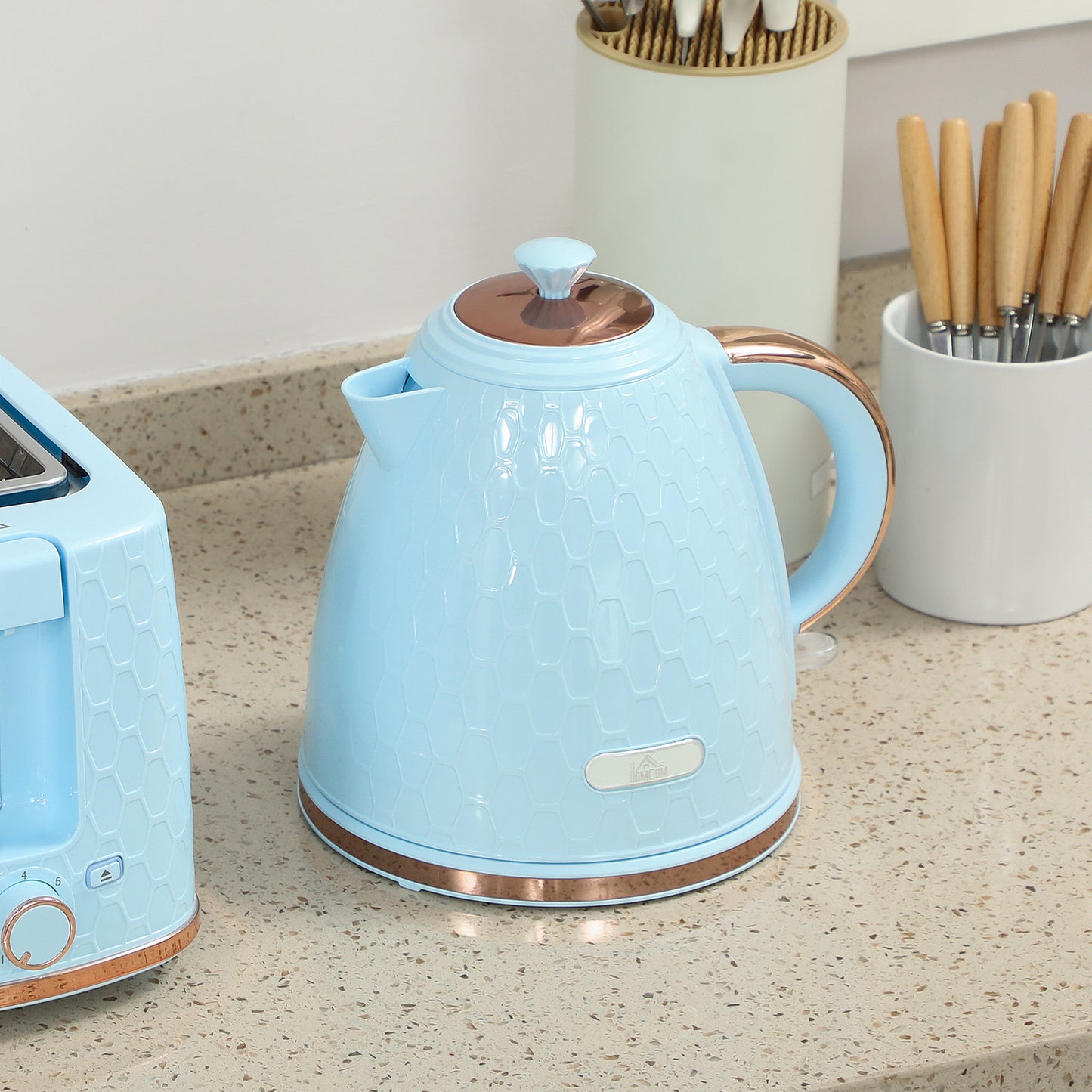 HOMCOM 1.7L 3000W Fast Boil Kettle And 2 Slice Toaster Set With Auto Shut Off And Browning Controls Light Blue