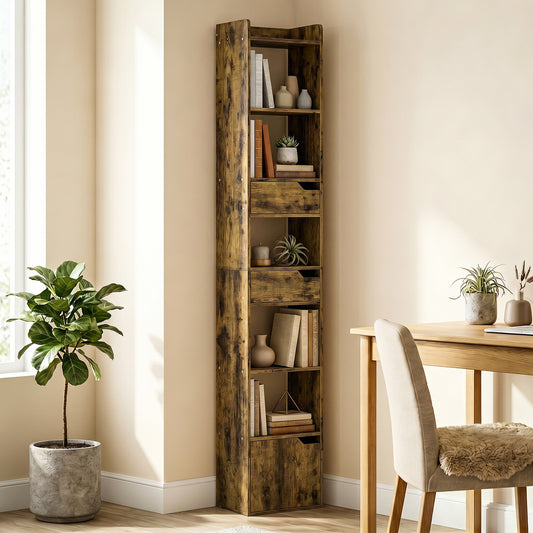 HOMCOM Tall Narrow Bookcase With 5 Tiers Drawers Freestanding Bookshelf Storage Cabinet for Living Room Rustic Brown