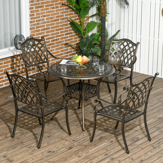 Outsunny Vintage-Inspired 5-Piece Cast Aluminum Outdoor Dining Set with Umbrella Hole - Includes 4 Chairs and Round Table for Patio and Garden - ALL4U RETAILER LTD