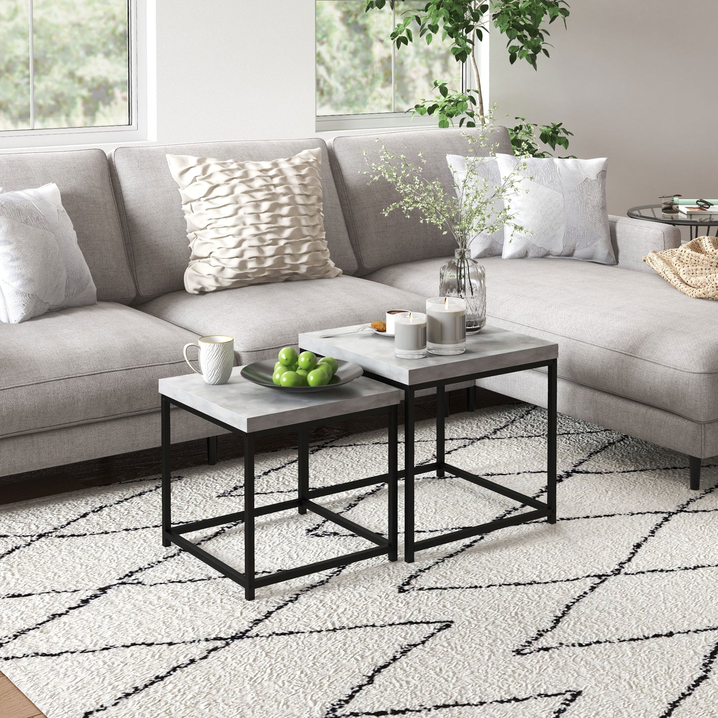 HOMCOM Nesting Coffee Table Set Of 2 With 3.5 Centimeter Thick Tabletops Grey Living Room Or Bedroom
