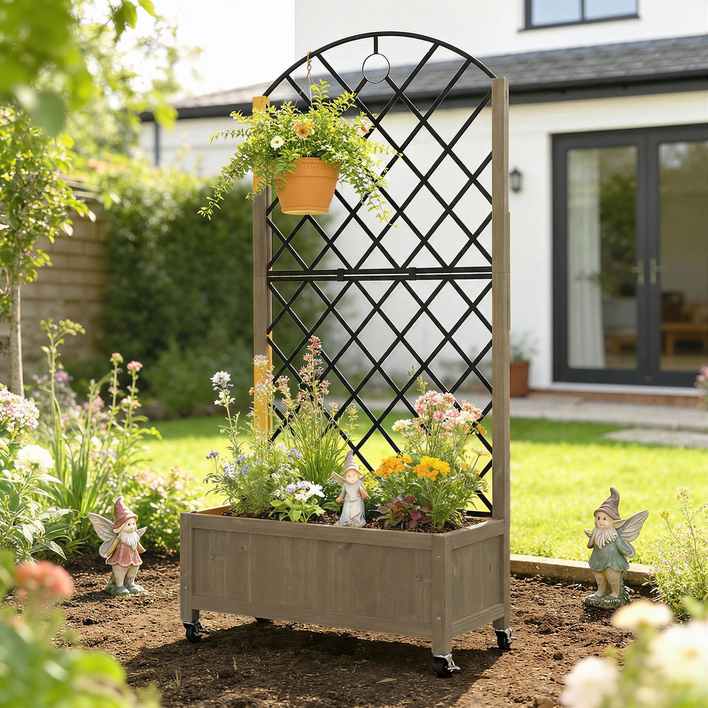 Outsunny Raised Garden Bed With Metal Trellis And Lockable Wheels Wooden Elevated Planter Box Outdoor Carbonised