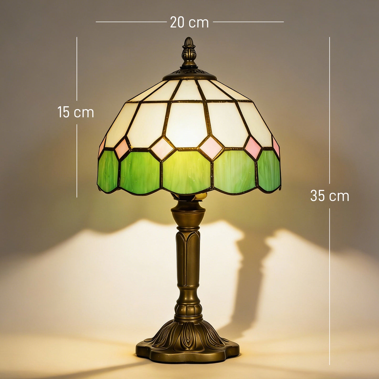 HOMCOM Handmade Art Deco Glass Table Lamp White And Green Stained Glass Shade Design