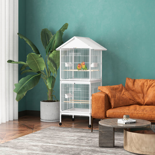 PawHut Large Rolling Bird Cage with Perches and Wheels for Budgies, Canaries, and Cockatiels - White - ALL4U RETAILER LTD