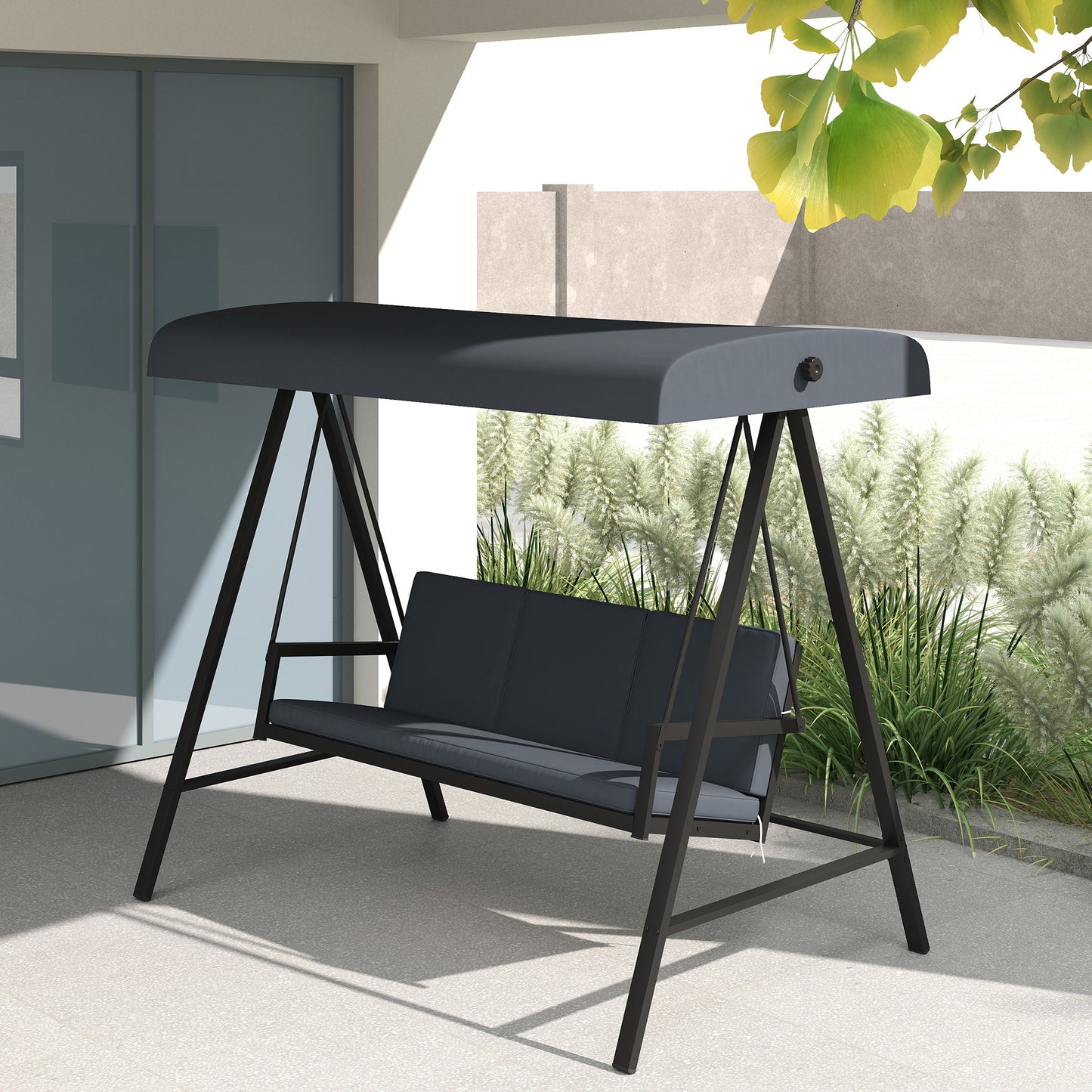 Outsunny Three Seat Garden Swing Chair with Adjustable Canopy Dark Gray Outdoor Patio Cushioned Bench for Three People