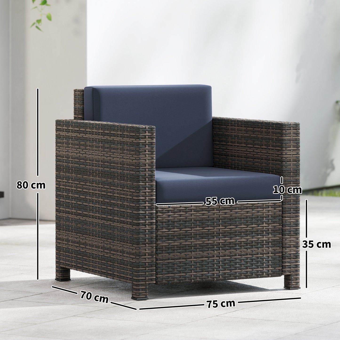 Outsunny PE Rattan Garden Armchair With Cushions Mixed Brown Navy Blue Water Resistant 10 Cm Thick