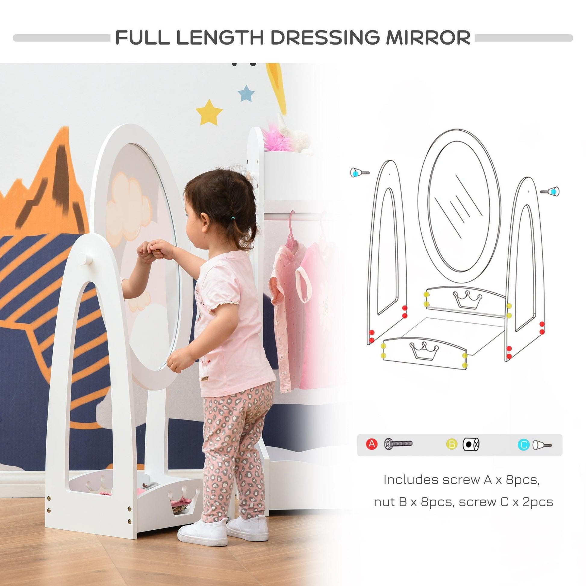 HOMCOM Kids Dressing Mirror with Storage Shelf - 360° Rotation - ALL4U RETAILER LTD