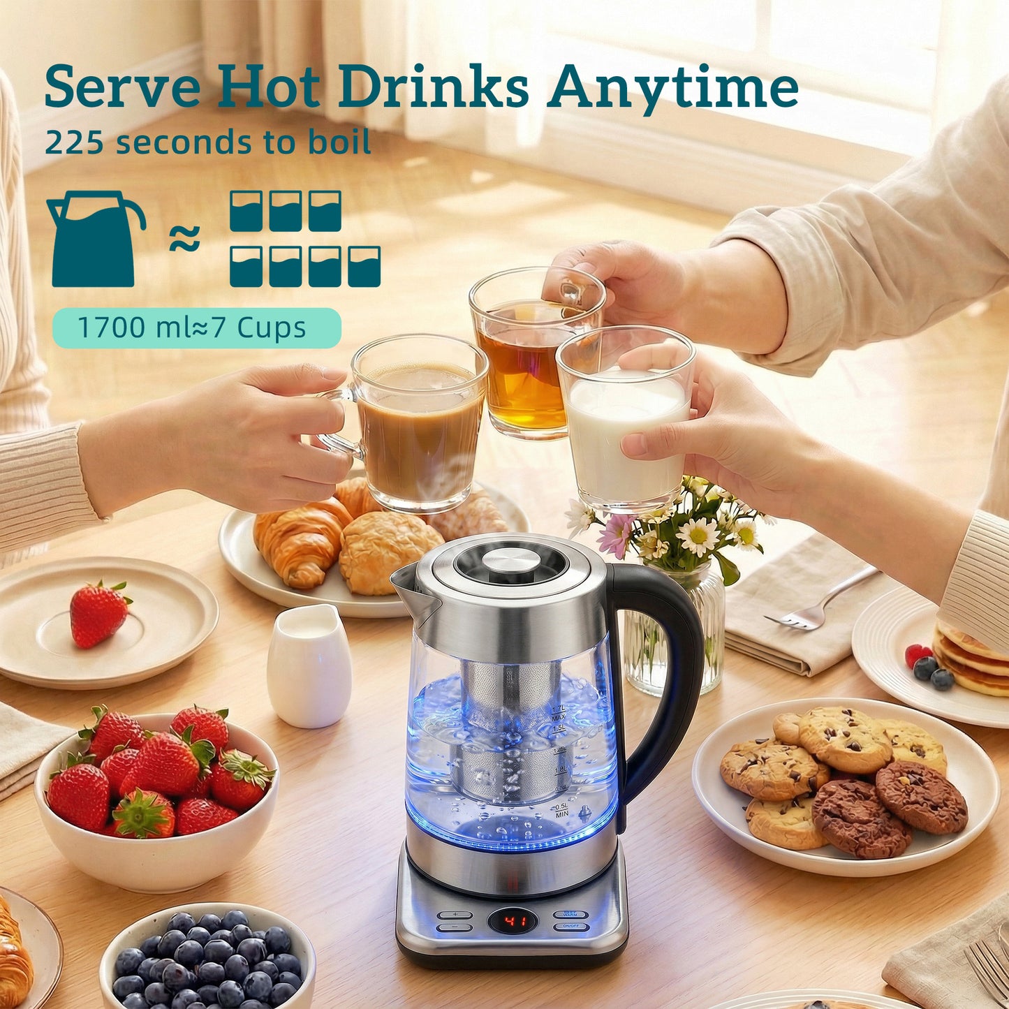 HOMCOM Electric Kettle 1.7L 3000W Fast Boil With Strix Thermostat Tea Infuser 5 Temperature Presets 60-100 C Keep Warm