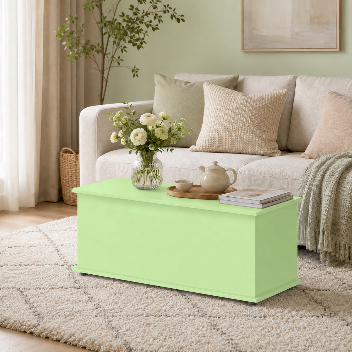 Homcom 114L Green Wooden Storage Bench With Safety Hinge For Home