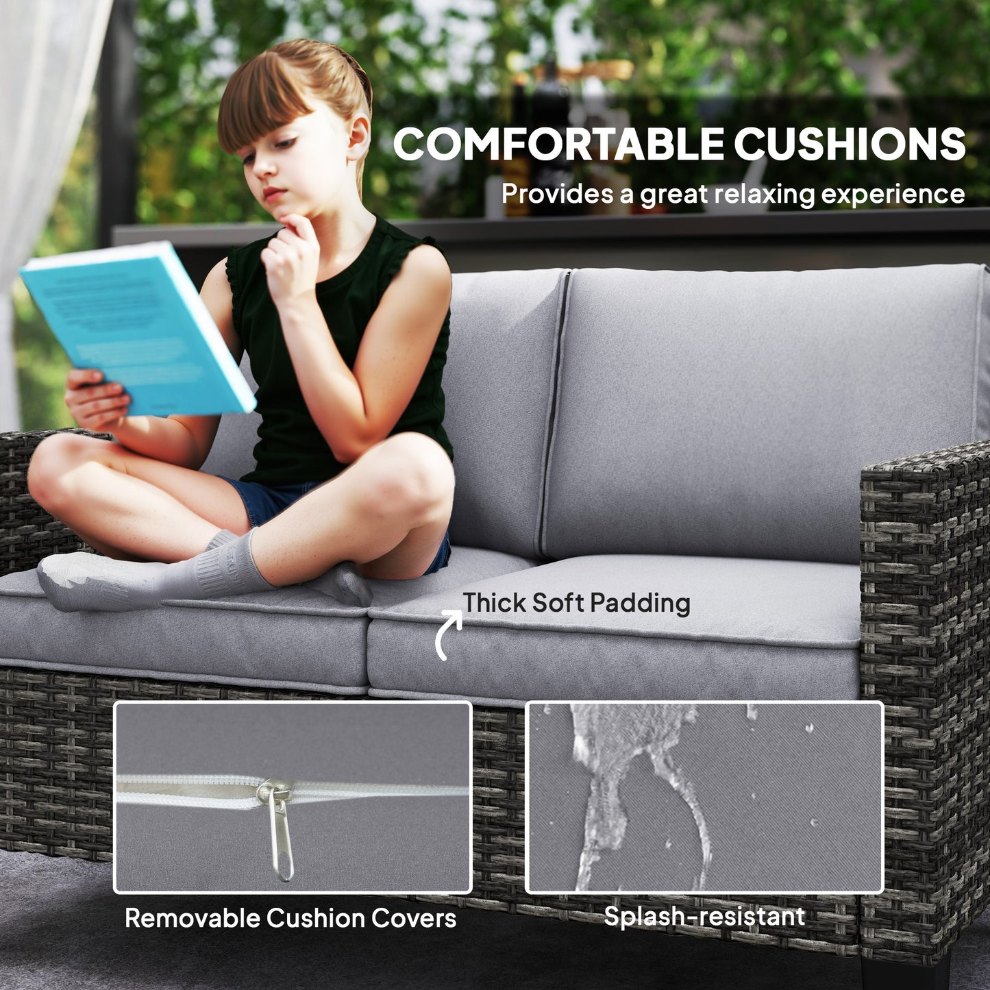 Outsunny Two Seater Rattan Outdoor Sofa Dark Grey With Thick Cushions And Adjustable Feet