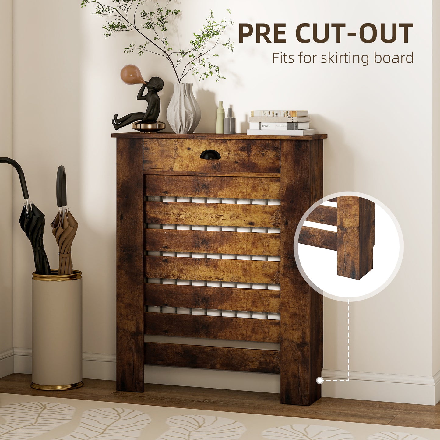 HOMCOM Slim Radiator Cover with Drawer Rustic Brown Slatted MDF and Particle Board
