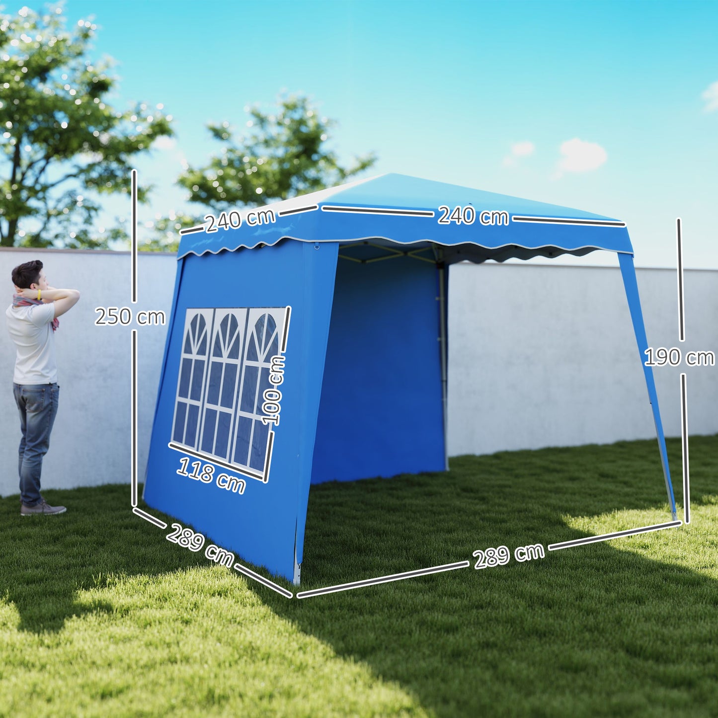 Outsunny 2.4x2.4m Blue Two Wall Pop Up Gazebo With Adjustable Height 242cm 246cm 250cm