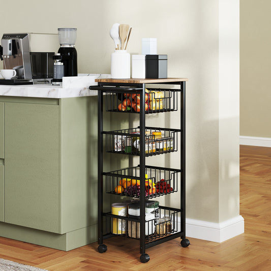 Homcom Four Basket Mobile Kitchen Island With Brakes Oak And Black Top For Extra Counter Space Kitchen Organization