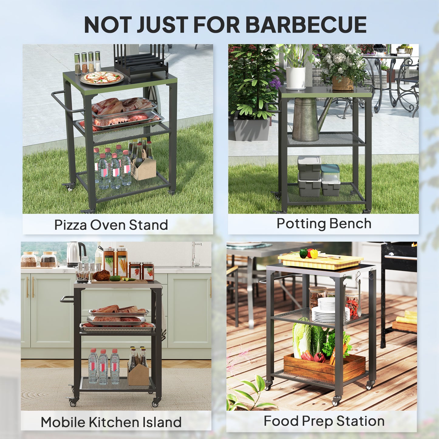 Outsunny Outdoor Grill Cart With Stainless Steel Top Three Shelf Kitchen Island On Wheels 3 Hooks Food Prep Table