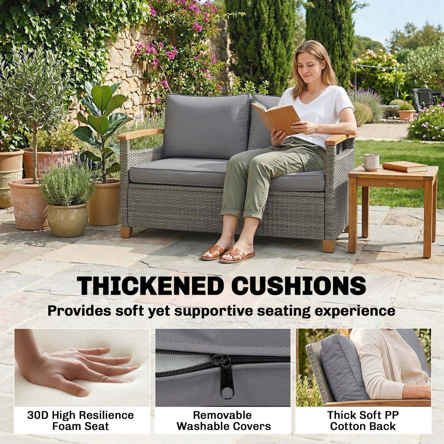 Outsunny Two Seater Rattan Garden Sofa Outdoor Sofa With Thick Cushions And Acacia Wood Armrests Dark Grey