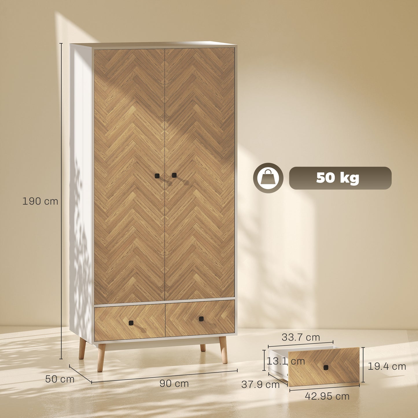 HOMCOM White Wood Effect Wardrobe Cabinet With 2 Hanging Rods 2 Storage Shelves And 2 Drawers
