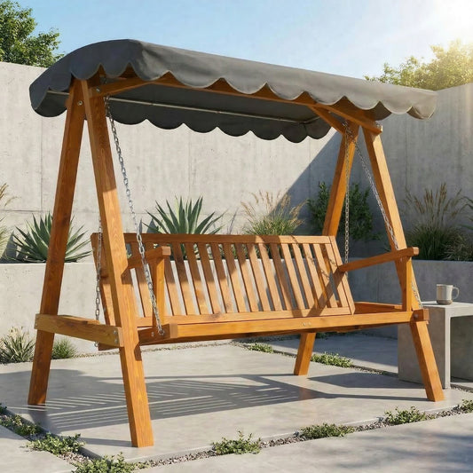 Outsunny 3 Seater Garden Swing Chair With Canopy Outdoor Wooden Swing Hammock Bench Balcony Patio Porch Dark Grey