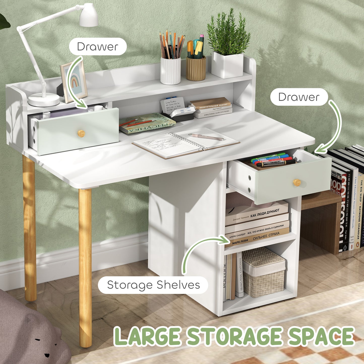 AIYAPLAY Two Piece Children Study Table With Hutch And Kids Desk And Chair Set With Storage Drawers Shelves Green