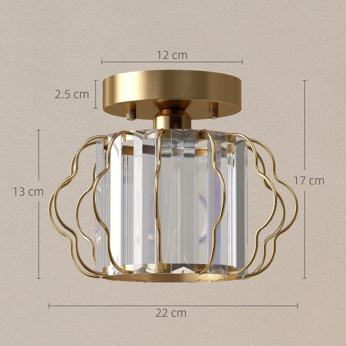 Gold semi-flush ceiling light with clear crystal bar cage, 22 cm wide