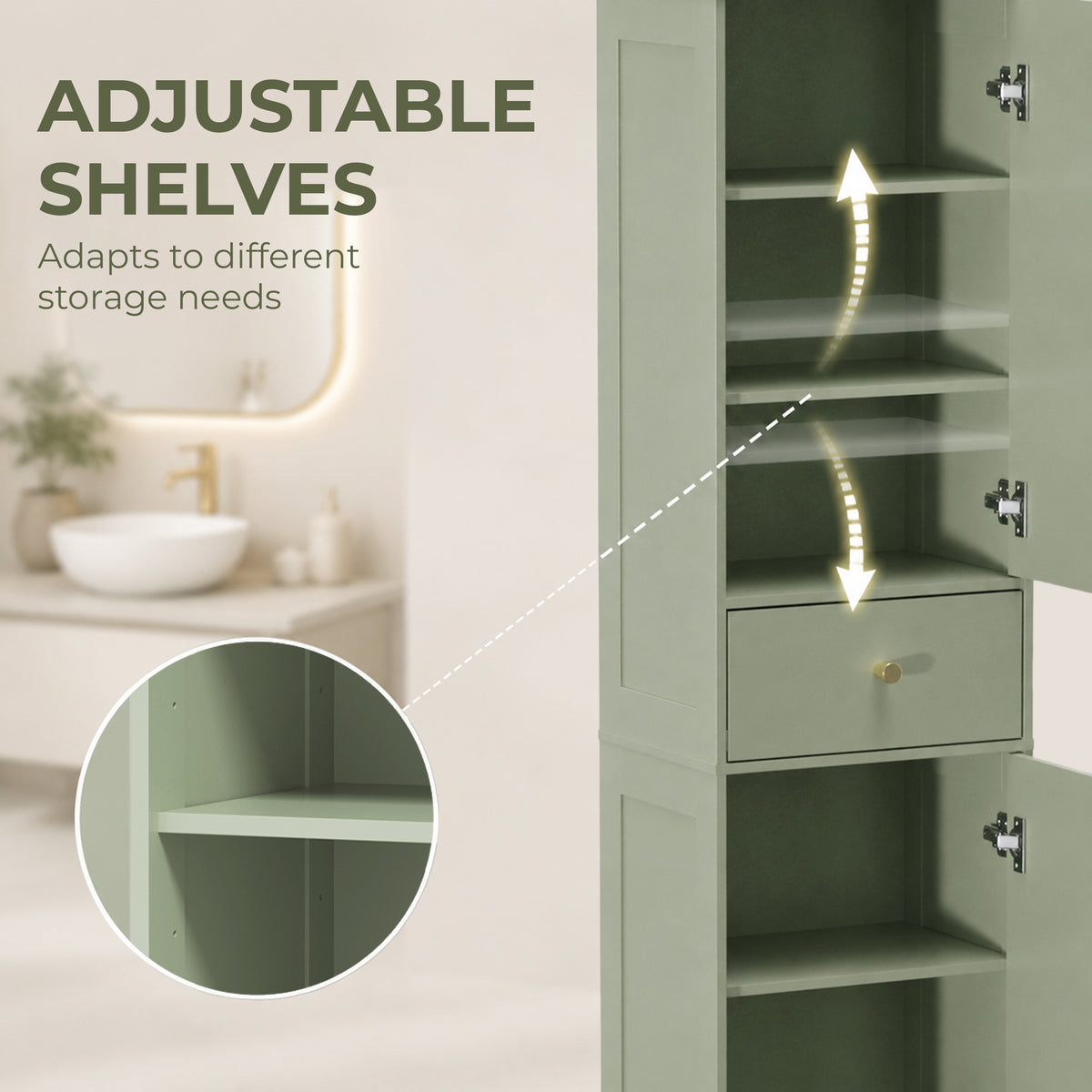 HOMCOM Tall Bathroom Storage Cabinet with Drawer and Arched Doors Light Green