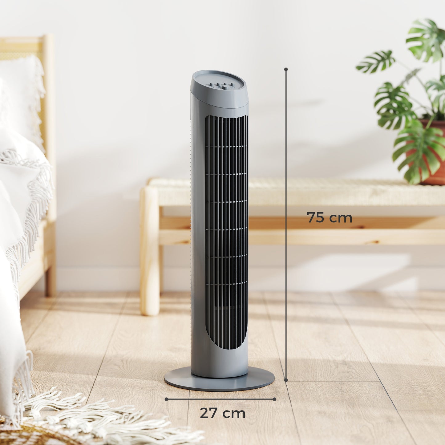 HOMCOM Tower Fan 75 cm for Bedroom Cooling, 70 Degree Oscillating, 3 Speed Settings, Standing Floor Fan Grey