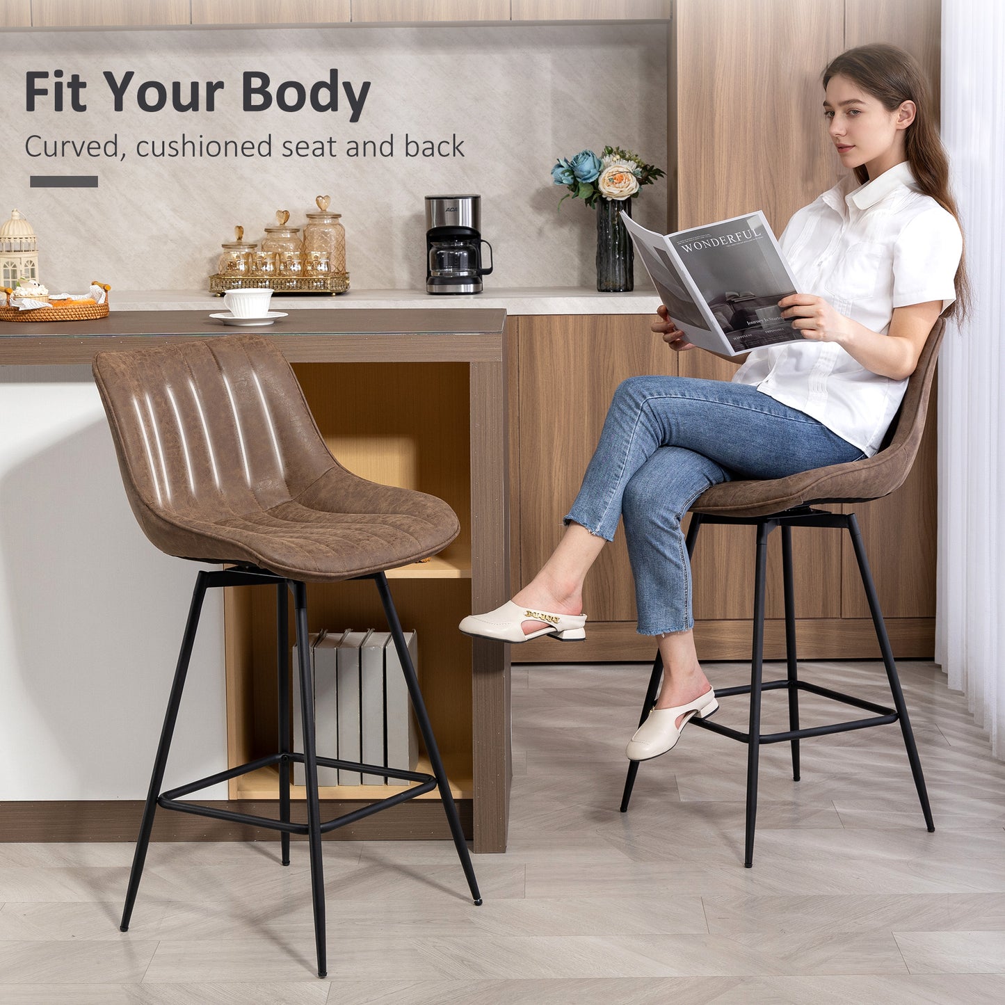HOMCOM Set Of 2 PU Leather Swivel Bar Stools Brown For Kitchen Island Dining In Modern Home