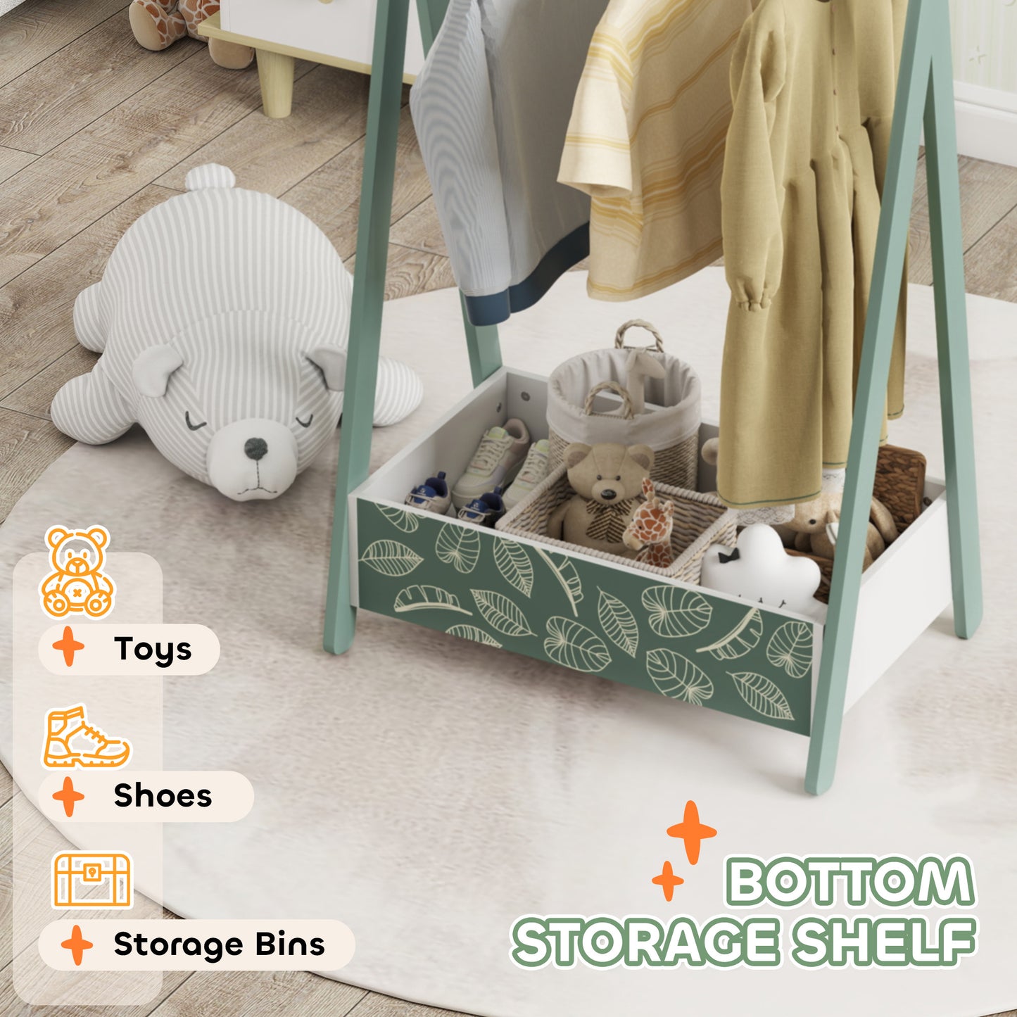 AIYAPLAY Baby Clothing Rack With Hangers And Storage Shelf For Bedroom Ages 3 To 6 Green Leaf Theme