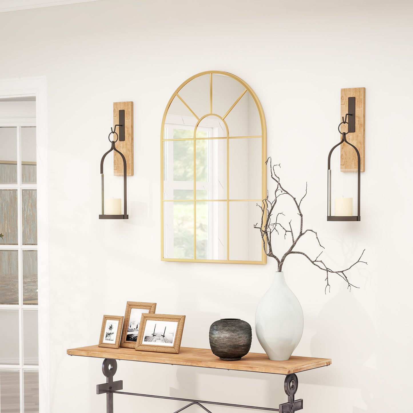 HOMCOM 90 By 61 Cm Arched Grid Mirror Gold Tone With Metal Frame Wall Mount Hooks For Bedroom Hallway Decor