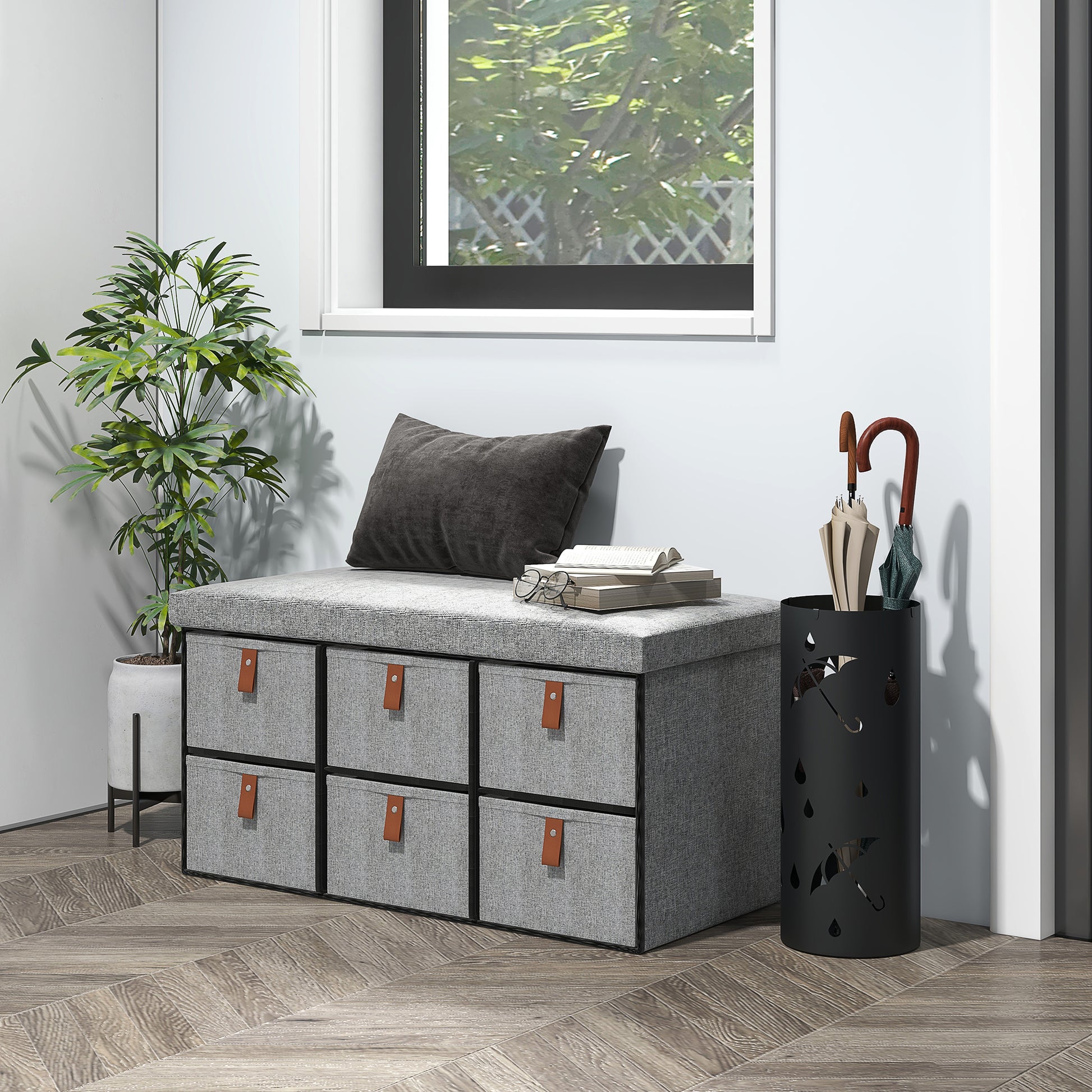 HOMCOM Light Grey Shoe Storage Bench with Cushioned Seat and 6 Fabric Drawers for Entryway and Living Spaces - ALL4U RETAILER LTD