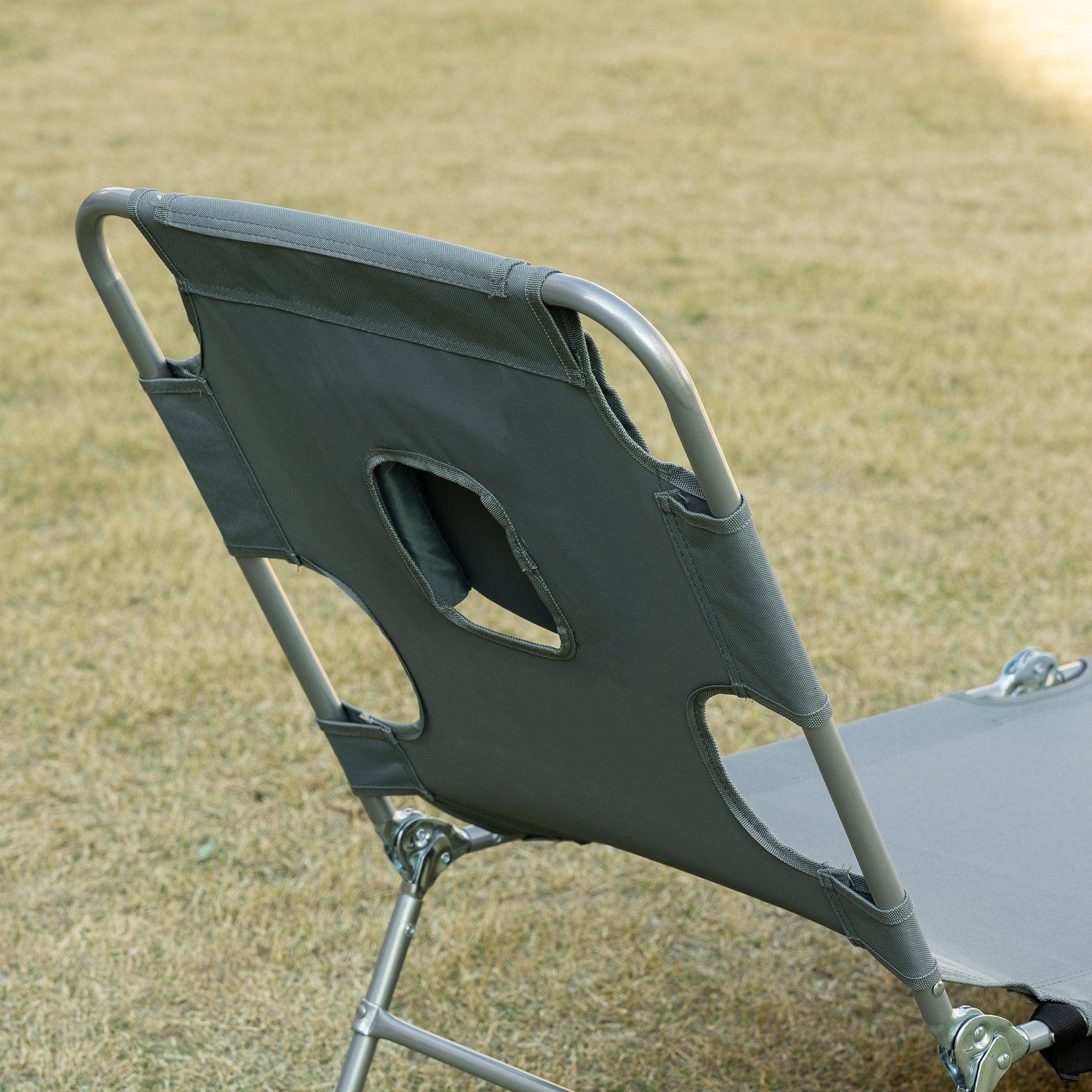 Outsunny Beach Lounge Chair with Arm Slots, 5-Position Adjustable Backrest, Grey - ALL4U RETAILER LTD