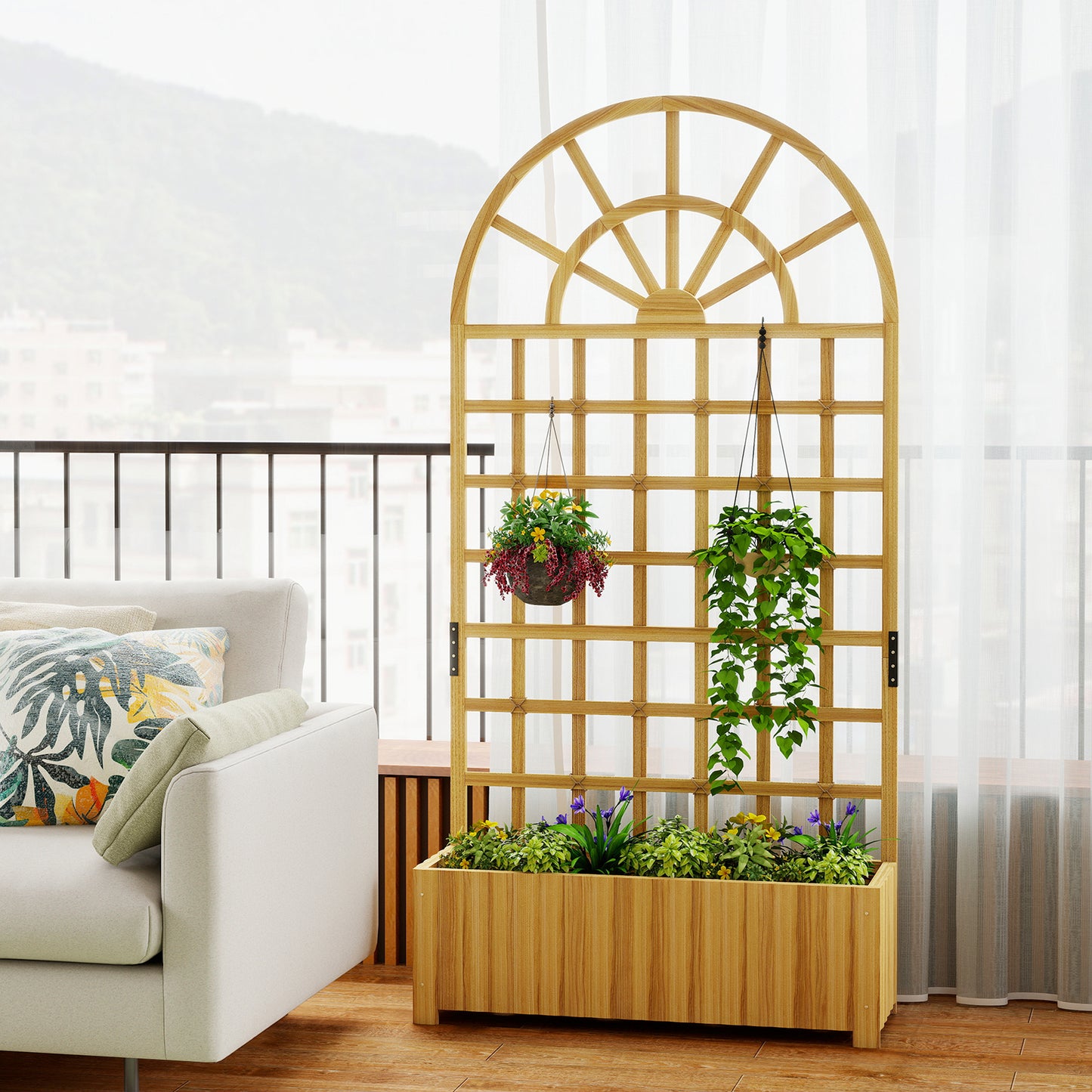 Outsunny Wooden Raised Planter With Trellis Garden Bed For Climbing Plants Weather Resistant Fir Wood