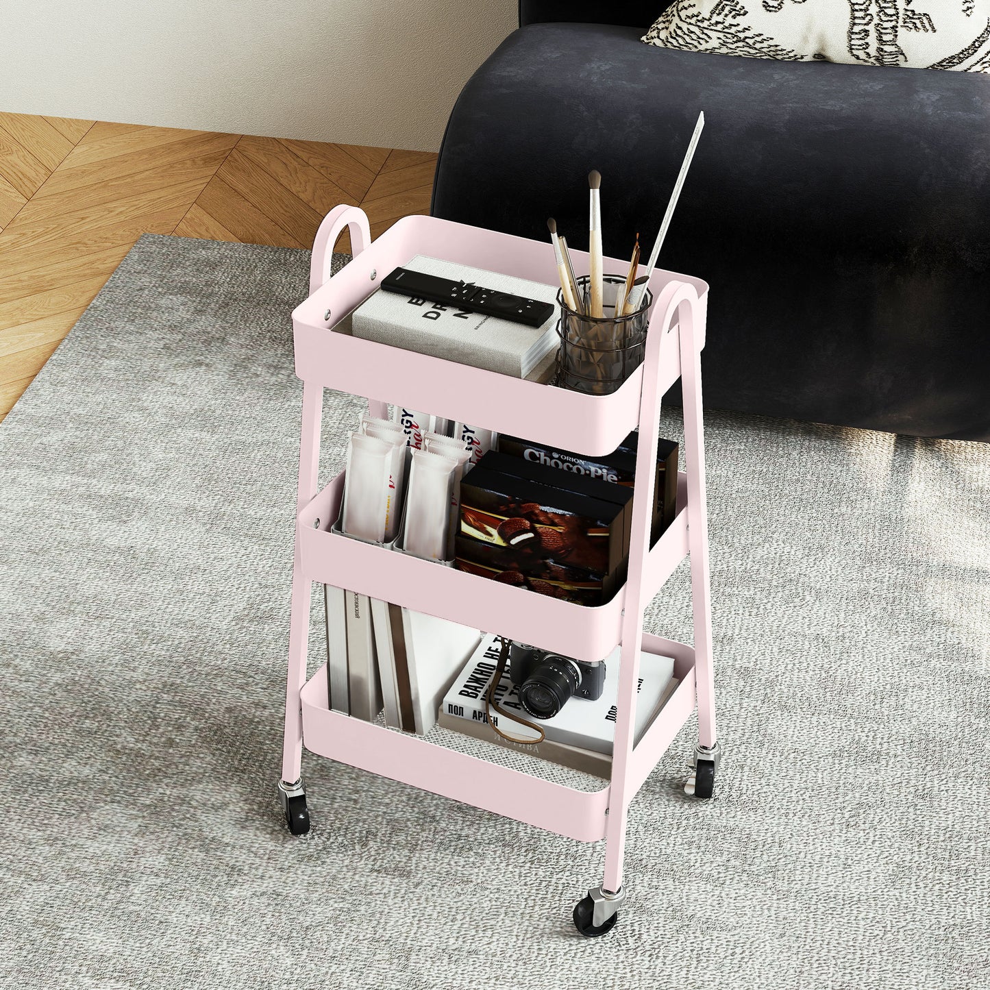 HOMCOM Three Tier Storage Trolley On Wheels Pink with Four Casters and Two Brakes