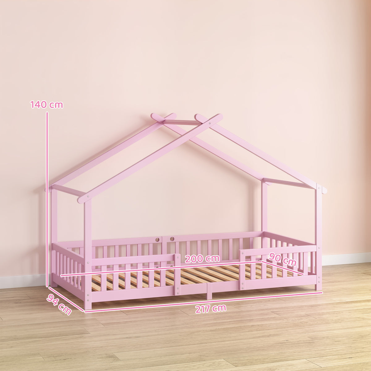 AIYAPLAY Pink Solid Pine House Bed Frame for Kids with Dual Guardrails