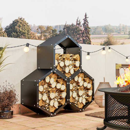 Stylish Steel Hexagon Firewood Log Rack for Indoor and Outdoor Storage - 113cm Black Design - ALL4U RETAILER LTD