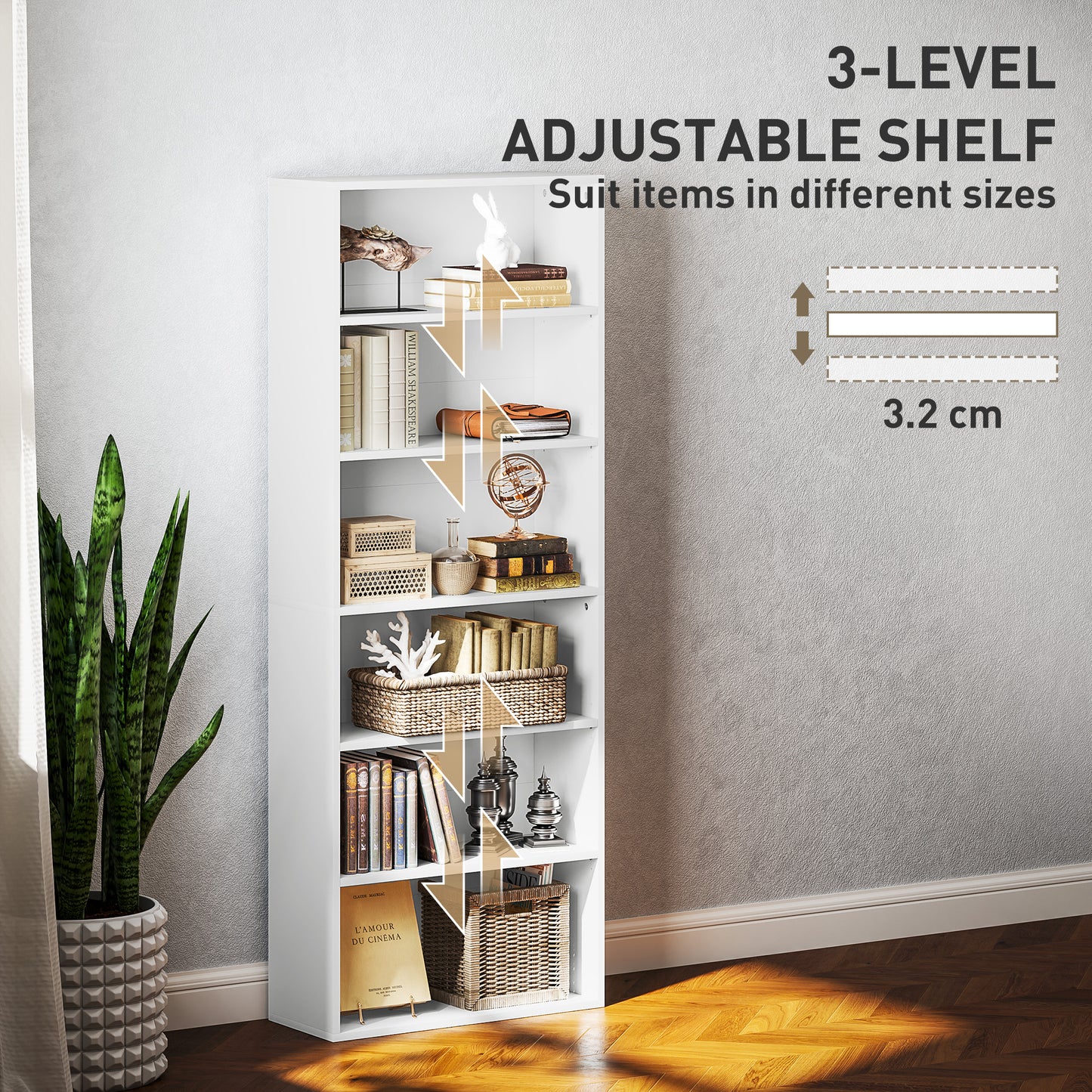 HOMCOM Six Shelf Bookcase White With Four Adjustable Shelves Melamine Finish For Living Room Storage