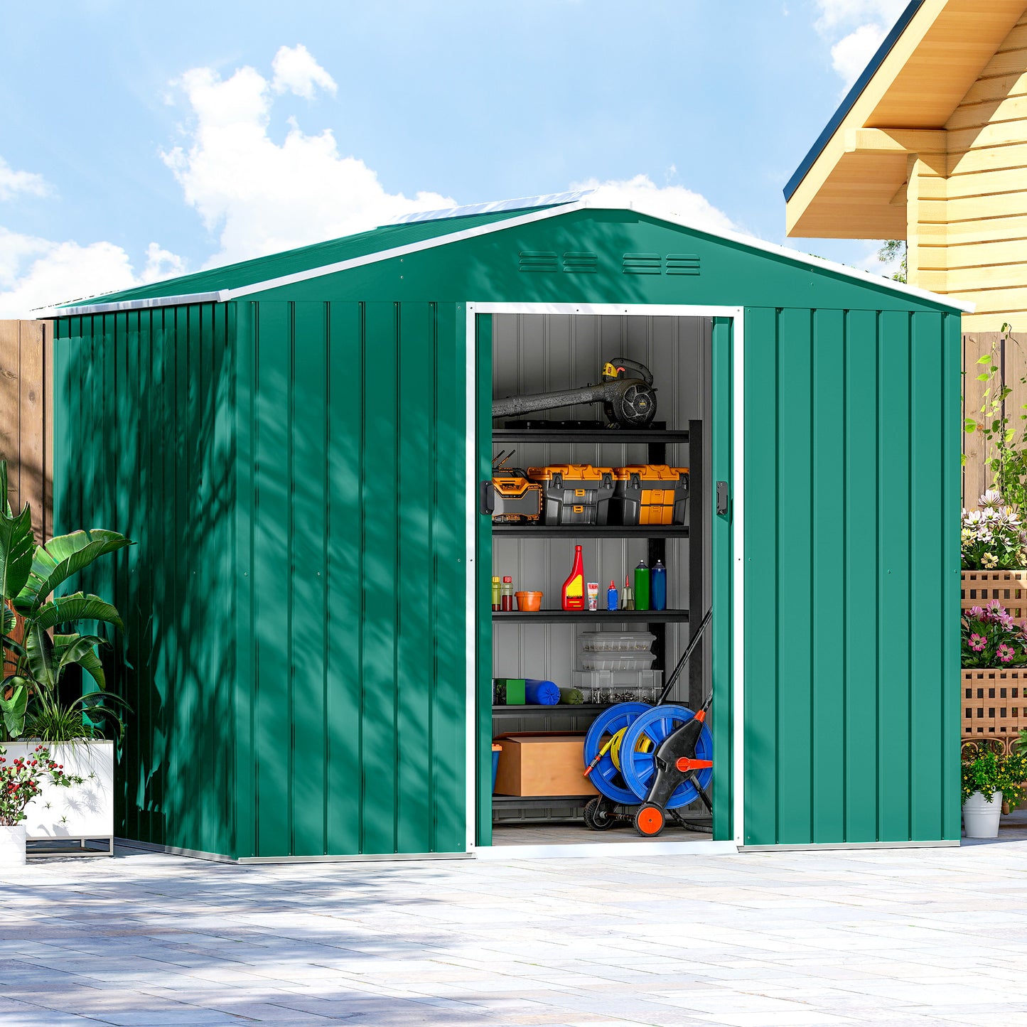 Outsunny 8 By 6 Feet Galvanised Steel Shed With Double Doors Green Garden Storage