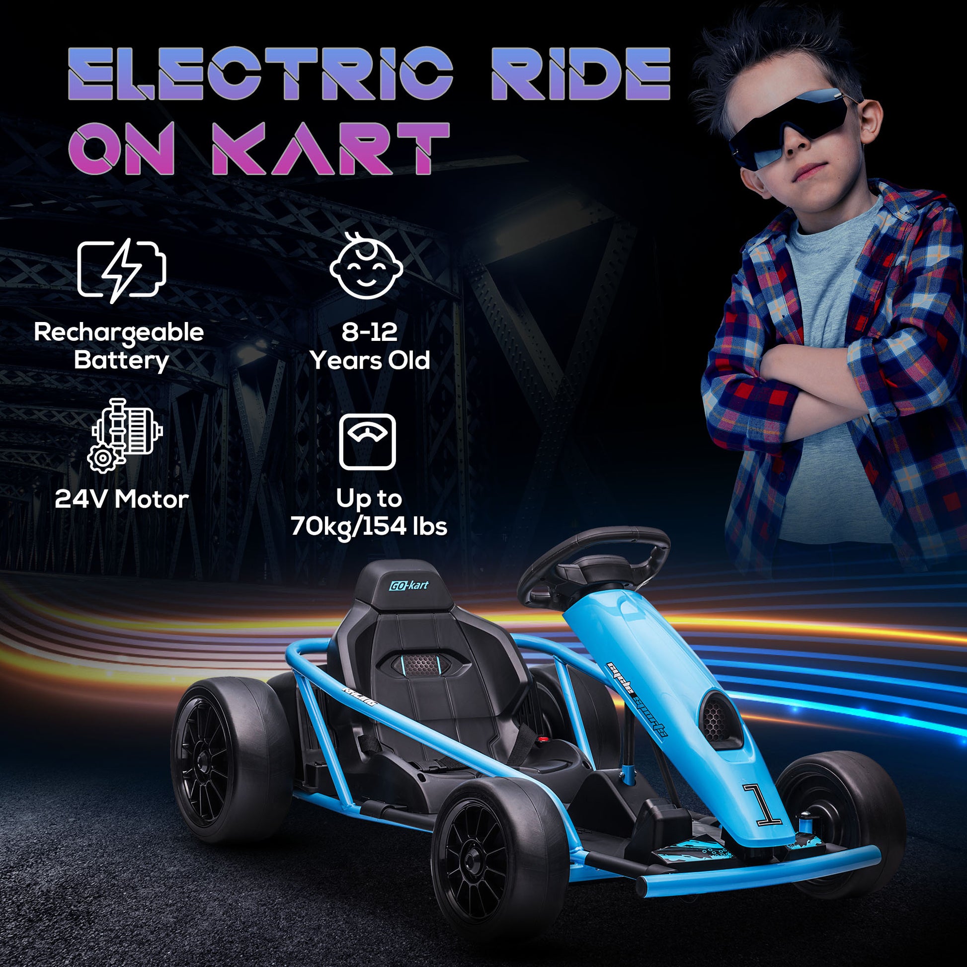 HOMCOM 24V Electric Go Kart for Kids Drift Ride On Racing Go Kart with 2 Speeds for Boys Girls Aged 8-12 Years Old Blue - ALL4U RETAILER LTD