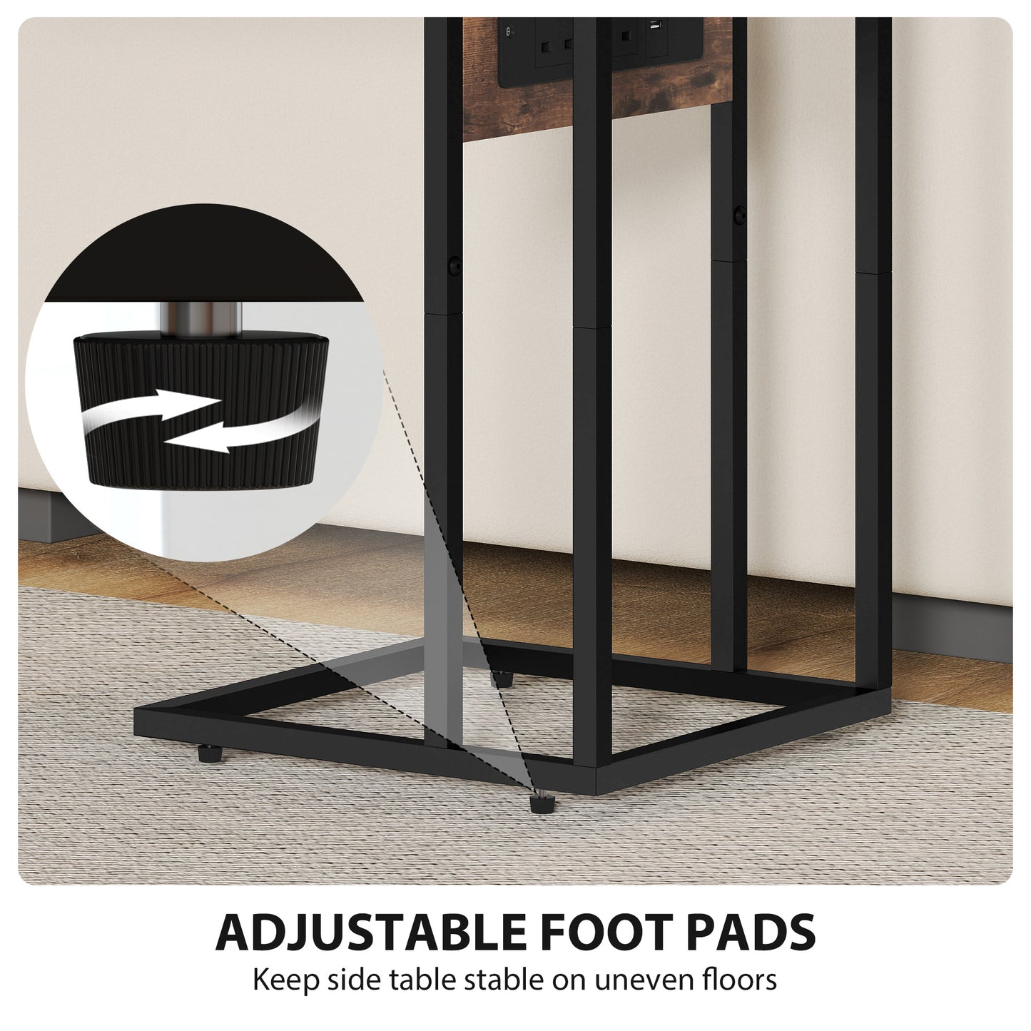 HOMCOM C Shaped Side Table With Charging Station And Foldable Top Rustic Brown Compact Design