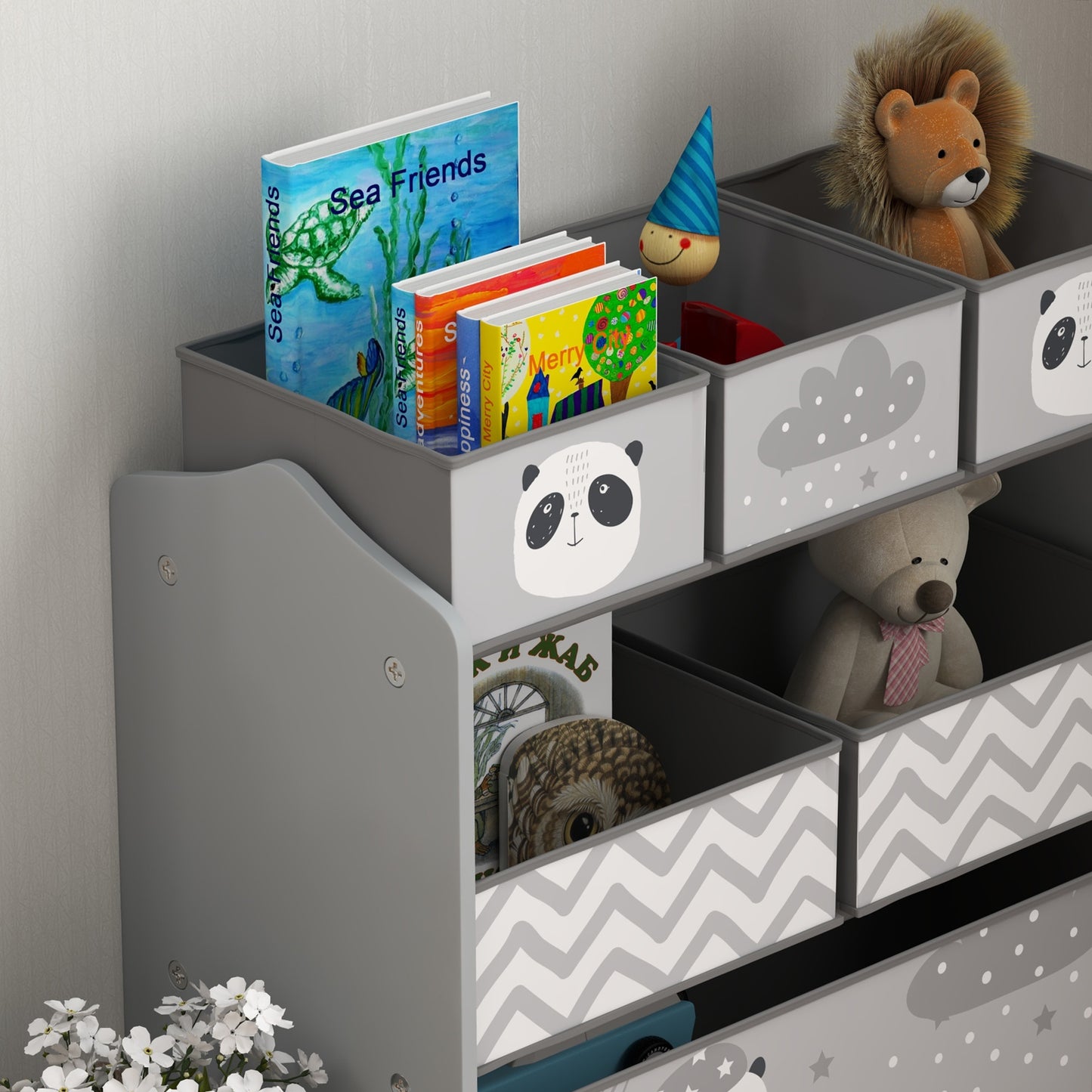 ZoneKiz Kids Storage Unit With Six Fabric Bins For Bedrooms Playrooms And Nurseries Grey