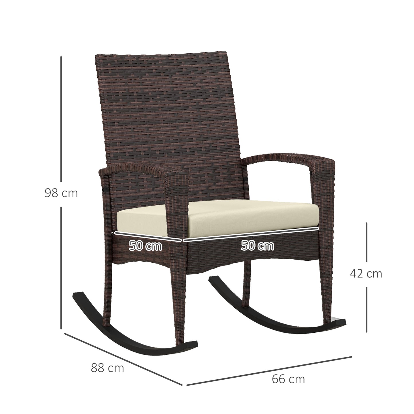 Outsunny Set of 2 Brown PE Rattan Garden Rocking Chairs with Cushions and Armrests - ALL4U RETAILER LTD