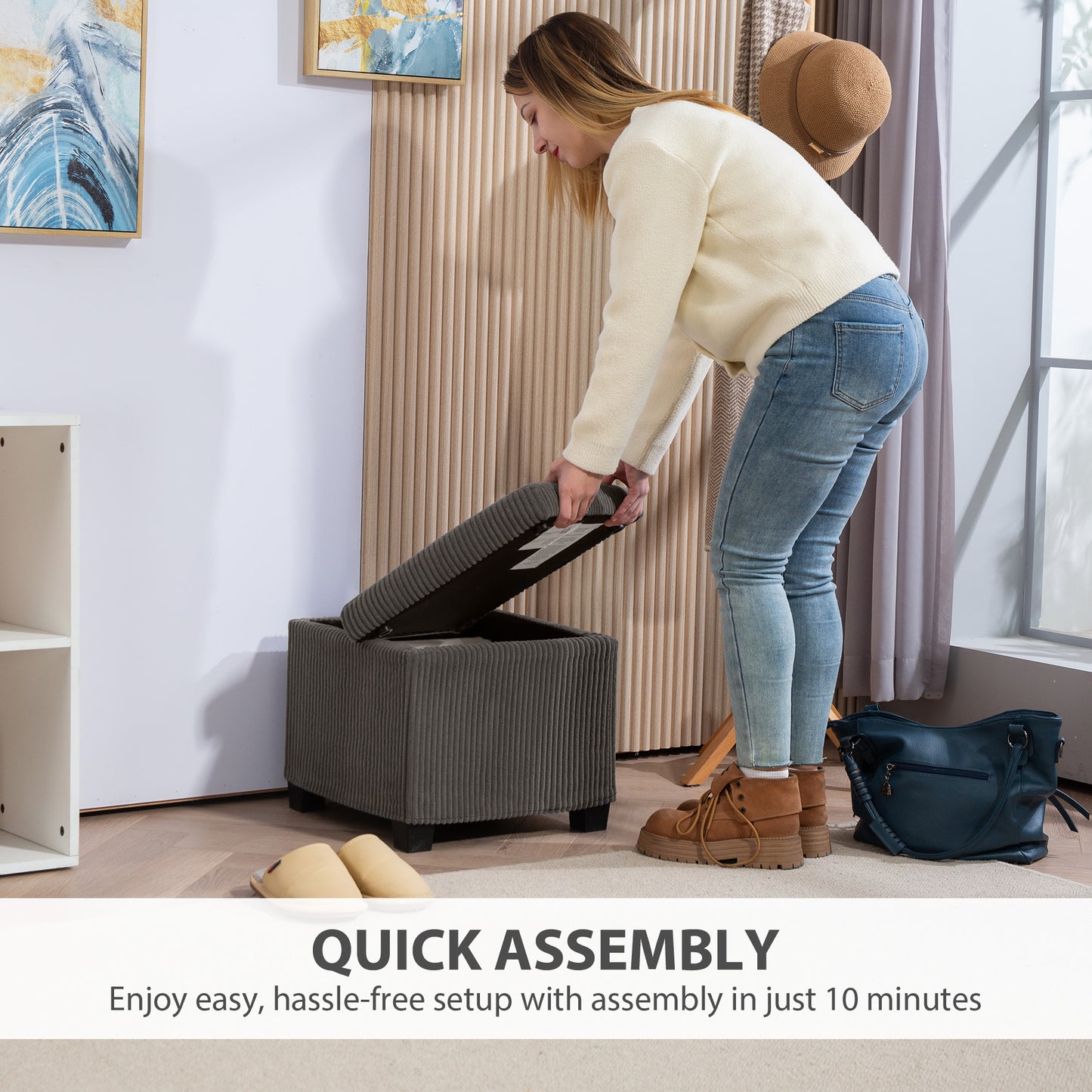 HOMCOM Corduroy Storage Ottoman Bench With Wooden Legs 40cm Bed End Bench 30L Storage Grey For Living Room Entryway