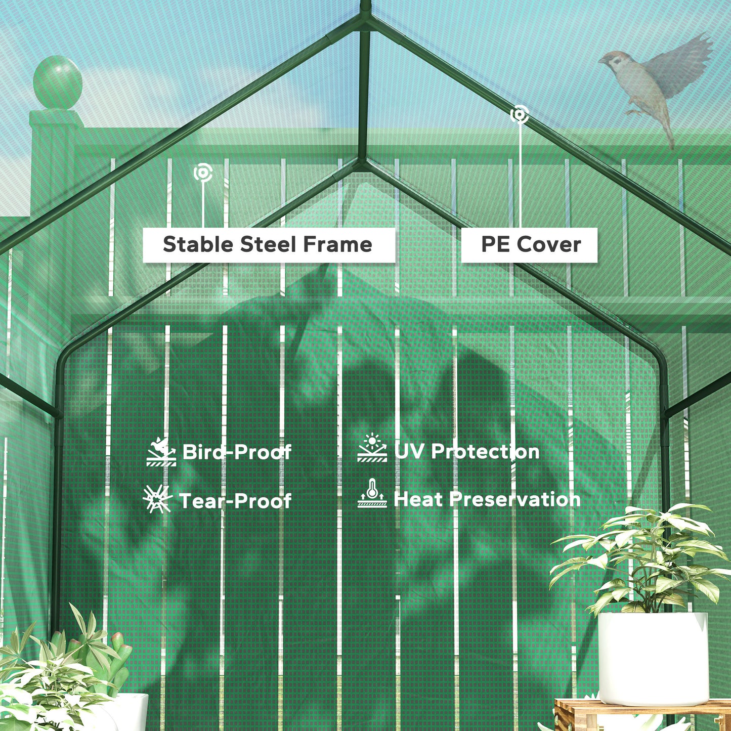Outsunny 120 by 186cm Walk In Greenhouse With Shelves Steel Frame PE Cover Roll Up Door All Year Round