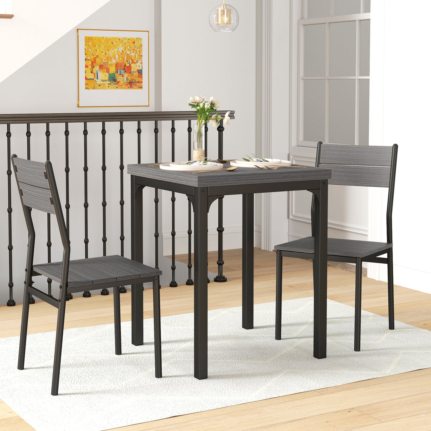 HOMCOM Three Piece Minimal Dining Set in Grey Wood Grain for Two People Compact Table and Chairs