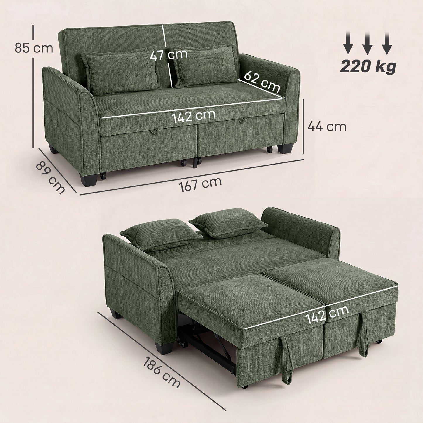 HOMCOM 2 Seater Sofa Bed 4-In-1 L-Shaped Convertible Pull-Out Sleeper Sofa Dark Green With Adjustable Backrest
