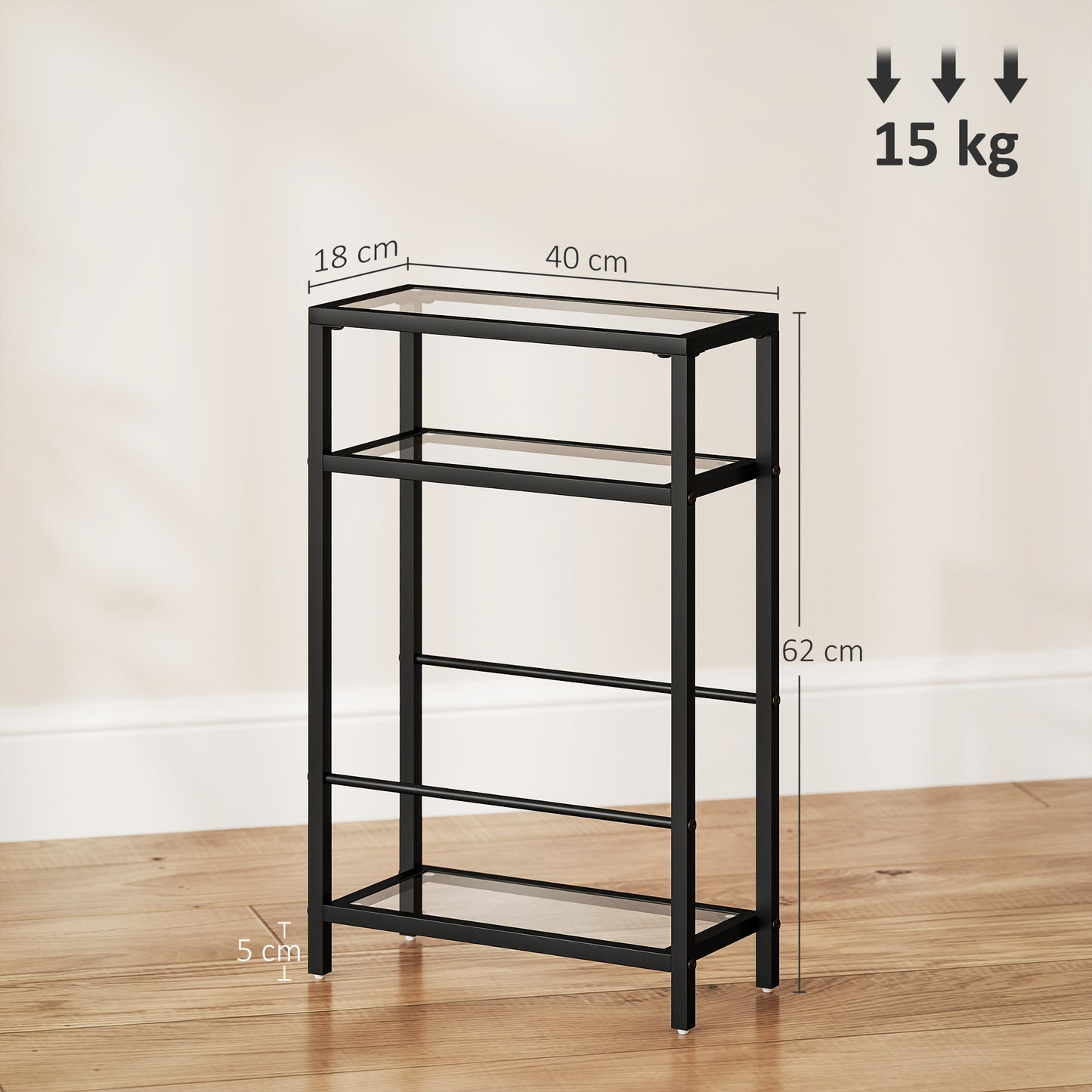 HOMCOM Three Tier Side Table With Tempered Glass Top And Storage Shelf For Small Spaces Black