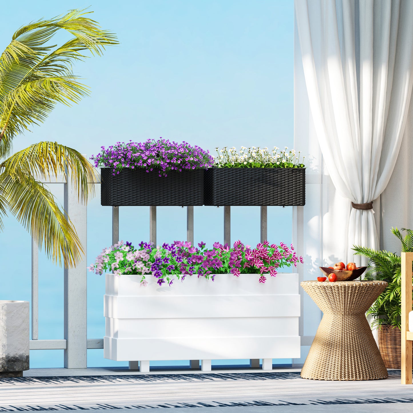 Outsunny Set of Two Rattan Effect Planters Black With Hooks For Balcony Railings And Outdoor Garden Decor