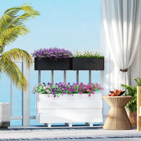 Outsunny Set of Two Rattan Effect Planters Black With Hooks For Balcony Railings And Outdoor Garden Decor
